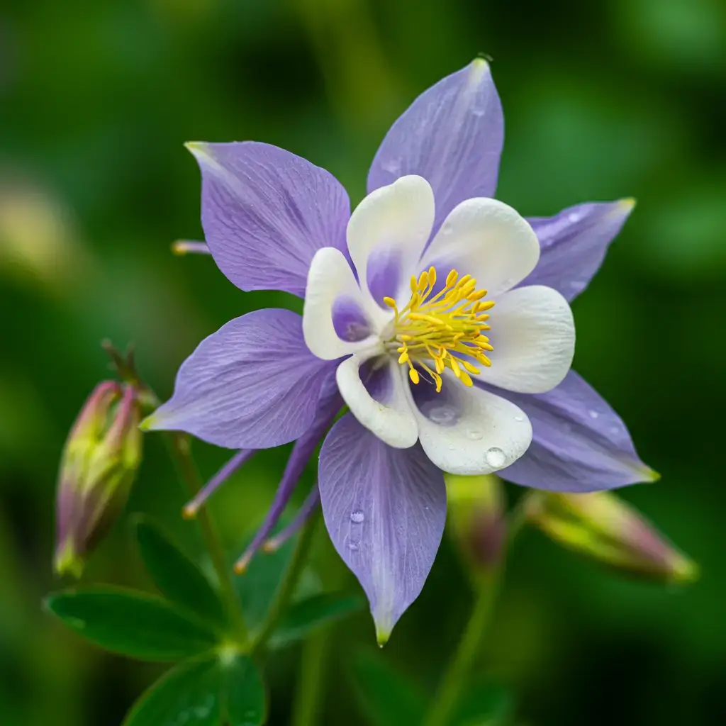 A cluster of delicate, bell-shaped columbine flowers in shades of red, yellow, and purple, with a hummingbird hovering nearby. The flowers have unique spurred petals, and the background is a soft blur of green foliage.