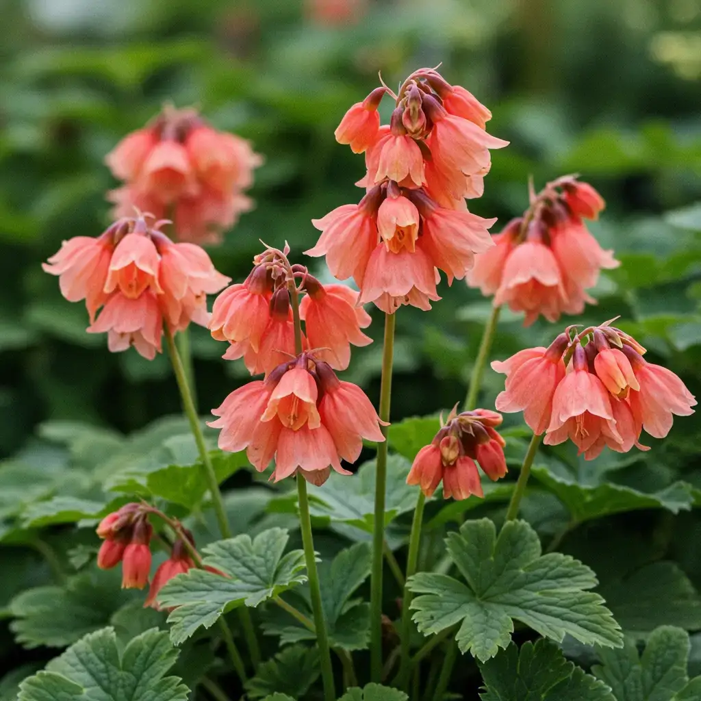 A close-up of coral bells with delicate, bell-shaped flowers on tall, slender stems in shades of pink, red, and white, surrounded by lush, colorful foliage in hues of purple, green, and silver.