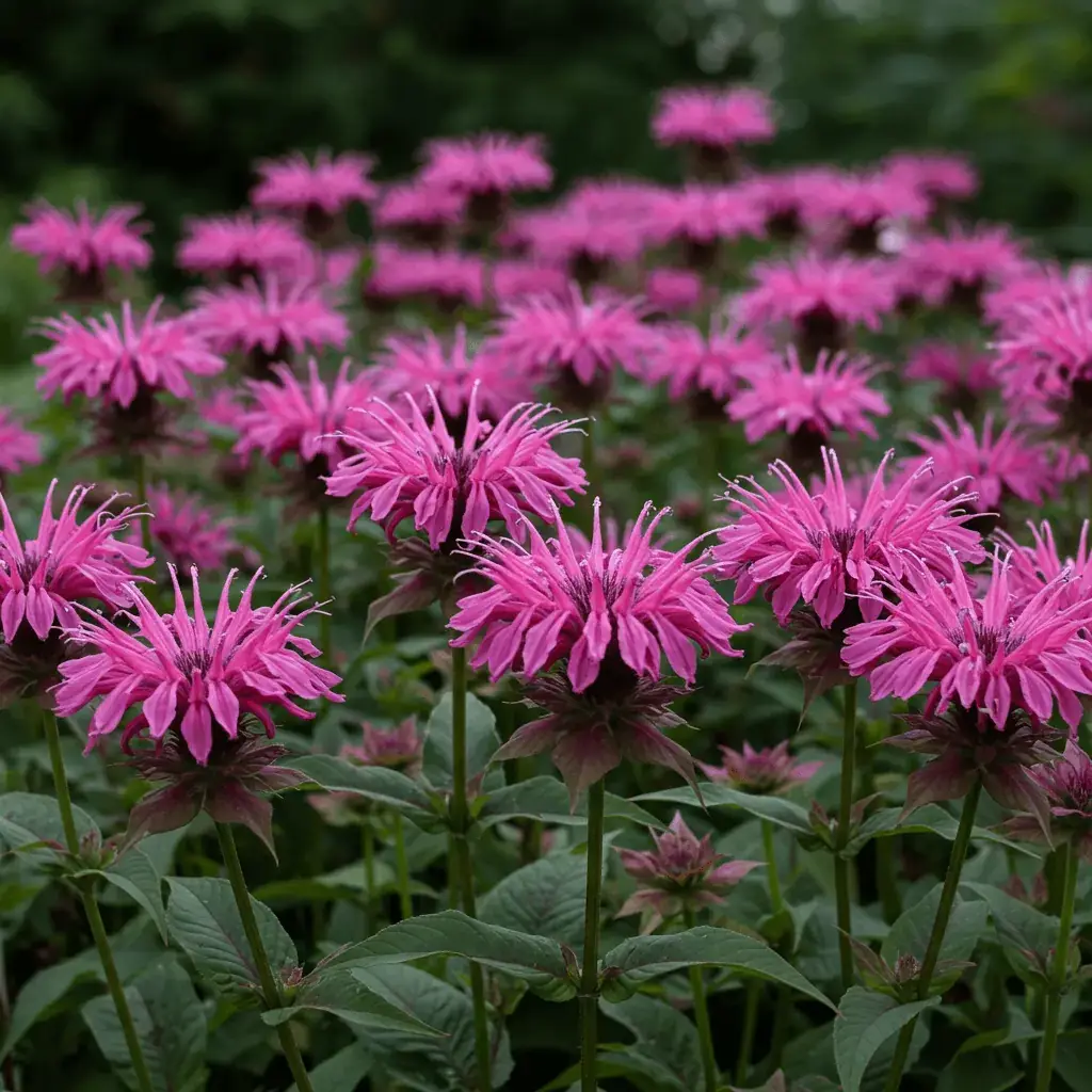 A vibrant cluster of bee balm flowers in shades of red, pink, and purple, with a hummingbird hovering nearby. The flowers have a unique, spiky appearance, and the background is a soft blur of green foliage.