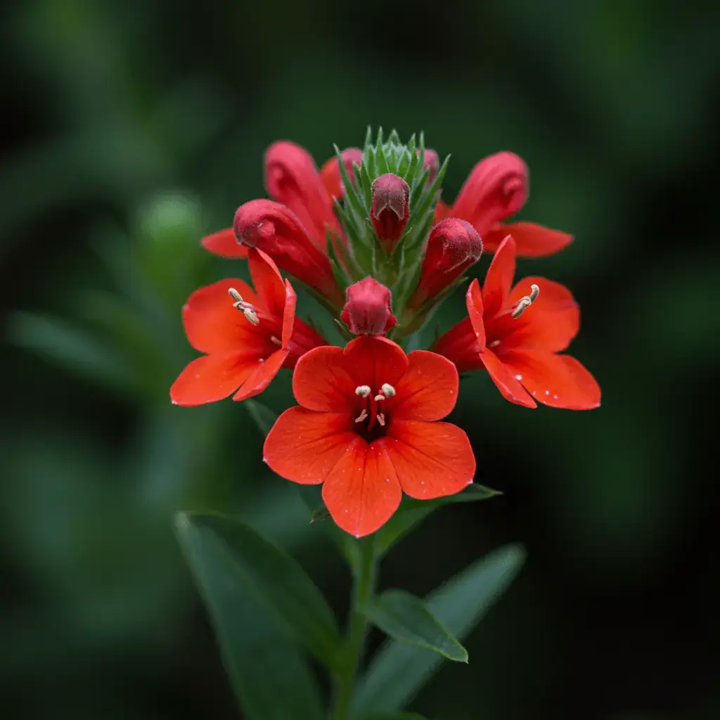  A striking close-up of cardinal flowers with tall, vibrant red spikes and tubular blooms, surrounded by lush green foliage. A hummingbird hovers nearby, drawn to the bright red flowers.