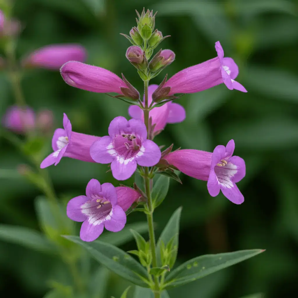 A close-up of penstemon flowers with tall spikes of tubular blooms in shades of purple, pink, red, and white, surrounded by green foliage. A hummingbird hovers nearby, sipping nectar from the vibrant flowers.